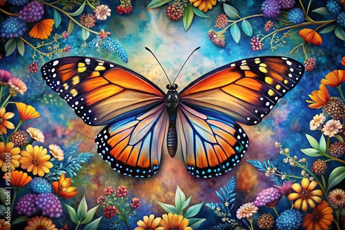 Delicate monarch butterfly with iridescent blue and orange wings spread wide, surrounded by intricate floral patterns, on a toned skin landscape.