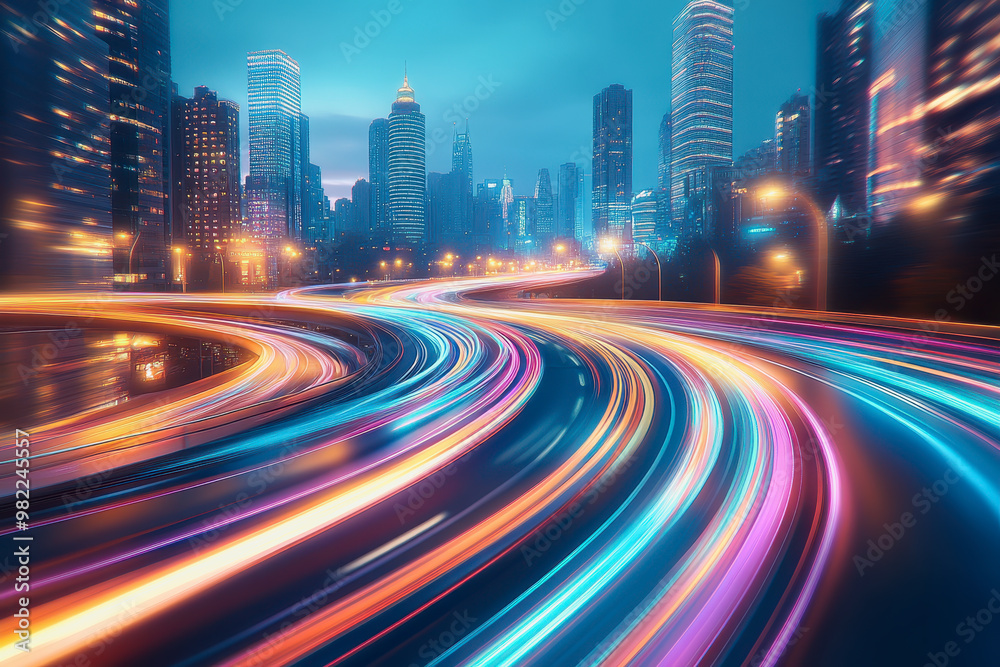 Obraz premium City streets with neon lights, dynamic motion blur, and colorful light trails at night