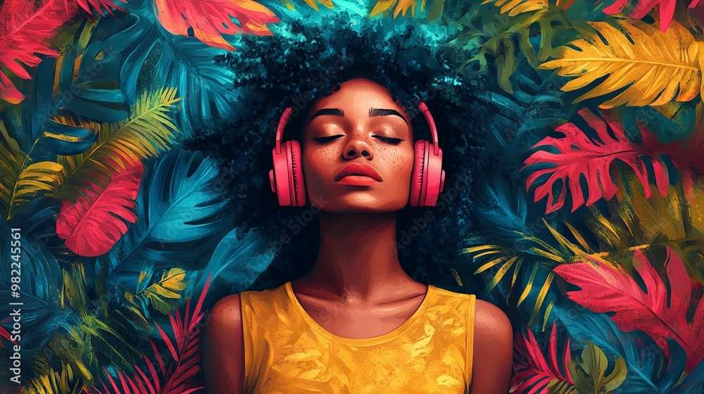 A Woman with Pink Headphones Surrounded by Lush Tropical Foliage A Woman with Pink Headphones Surrounded by Lush Tropical Foliage