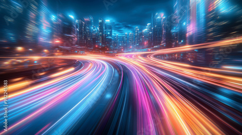 City streets with neon lights, dynamic motion blur, and colorful light trails at night