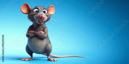 A cartoon rat stands defiantly on a royal blue background, its beady eyes twinkling with mischief as it
