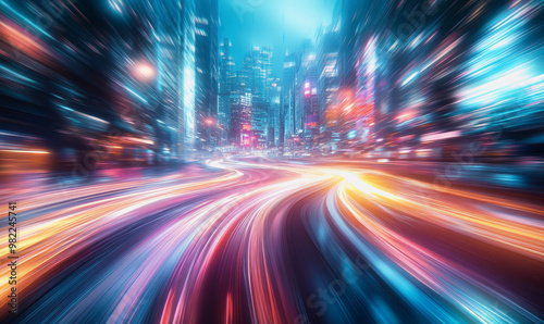 City streets with neon lights, dynamic motion blur, and colorful light trails at night