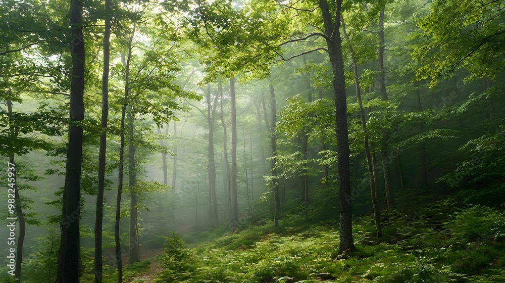 Fototapeta premium A tranquil forest with lush trees and mist, creating a serene atmosphere perfect for nature lovers and outdoor enthusiasts.