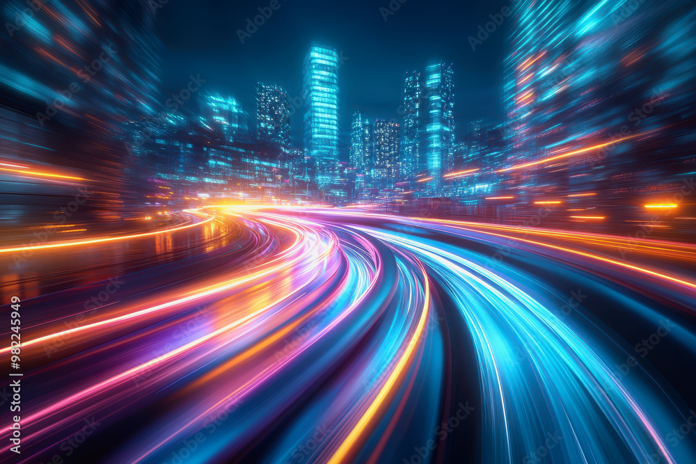 Obraz premium City streets with neon lights, dynamic motion blur, and colorful light trails at night