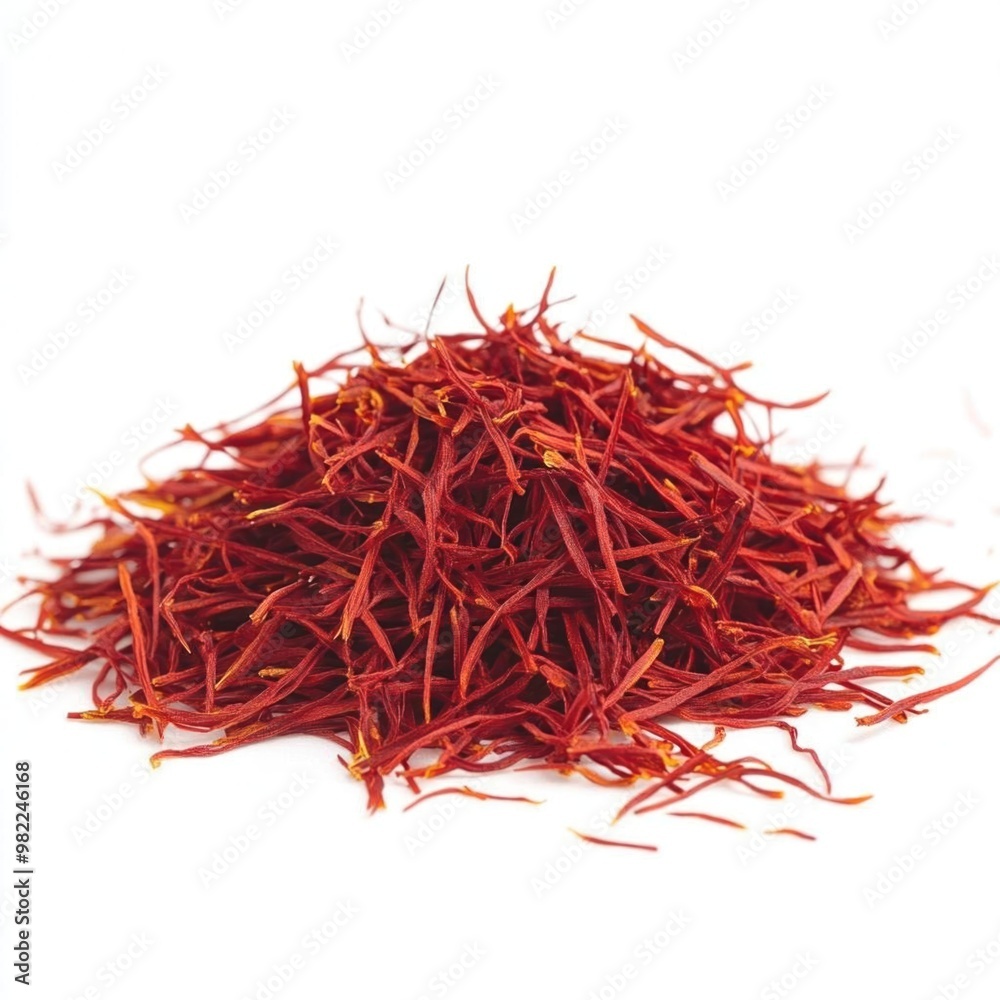 Fototapeta premium Close-up shot of red saffron threads scattered on a white surface.