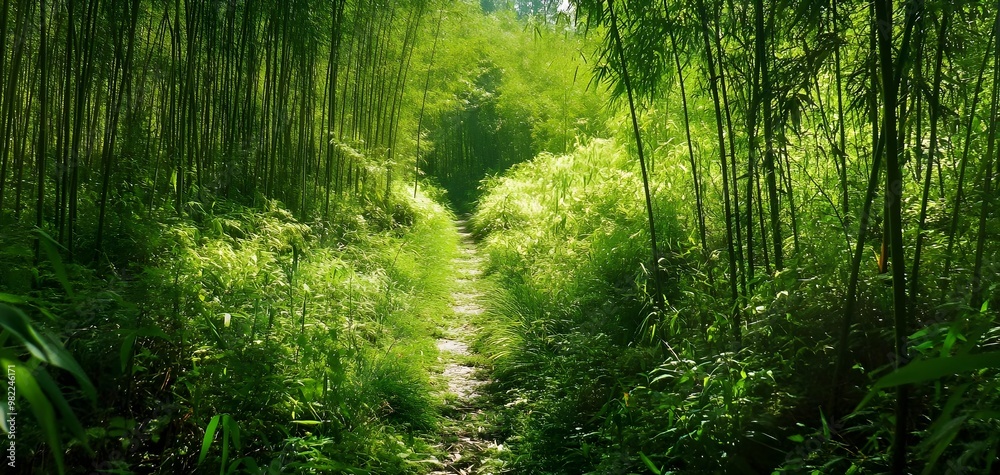A tranquil path winding through a lush green forest, surrounded by vibrant bamboo and dense foliage. A tranquil path winding through a lush green forest, surrounded by vibrant bamboo and dense foliage.
