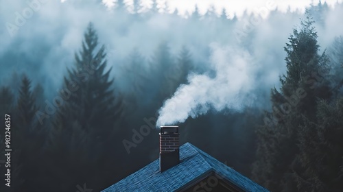 A tranquil scene featuring a chimney emitting smoke amidst a dense forest, evoking a sense of calm and rustic charm.