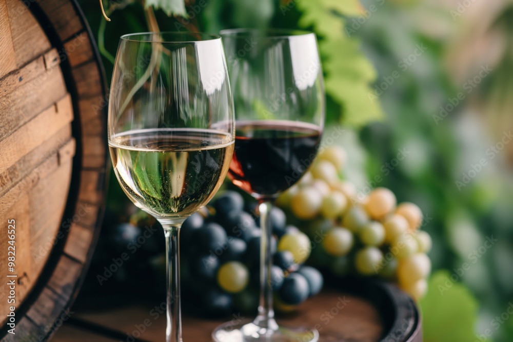Glasses of red and white wine on barrel on vineyard background. Taste on winery. Two wineglasses on rustic oak wine barrel. Winemaking. Tuscany. Bordeaux. Merlot Glasses of red and white wine on barrel on vineyard background. Taste on winery. Two wineglasses on rustic oak wine barrel. Winemaking. Tuscany. Bordeaux. Merlot