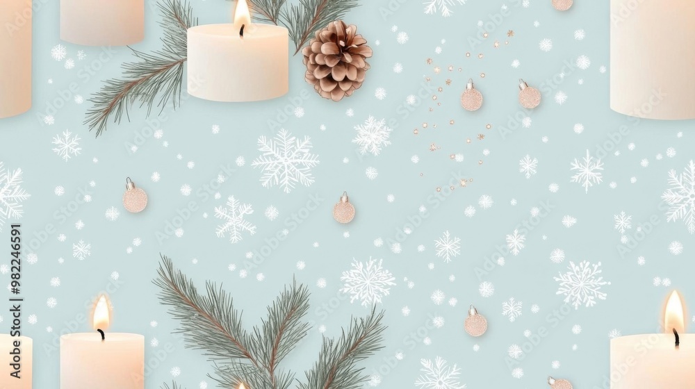 A serene winter scene with candles, pine branches, and delicate snowflakes on a soft blue background, perfect for holiday themes. A serene winter scene with candles, pine branches, and delicate snowflakes on a soft blue background, perfect for holiday themes.
