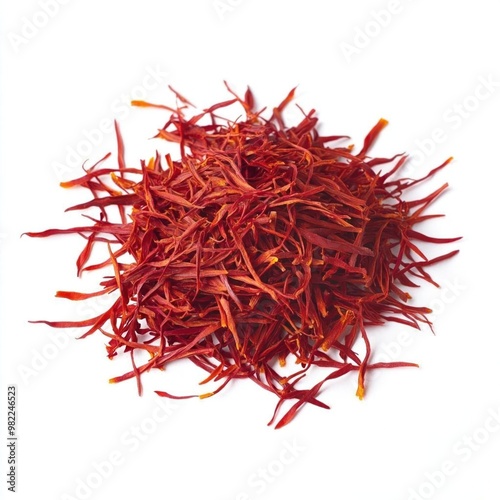 Close-up of red saffron threads on a white background.