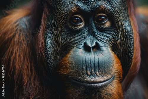 Close-up Portrait of Curious Orangutan Looking at Camera. Wildlife