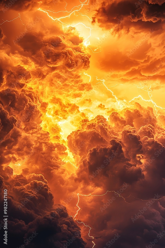 Fiery Thunderstorm with Lightning Striking Through Dense Orange and Yellow Clouds Fiery Thunderstorm with Lightning Striking Through Dense Orange and Yellow Clouds