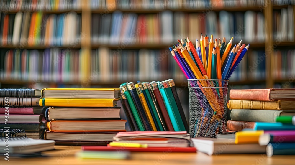 Colorful Pencils and Stacked Books on a Wooden Desk with a Blurred Bookshelf Background Colorful Pencils and Stacked Books on a Wooden Desk with a Blurred Bookshelf Background