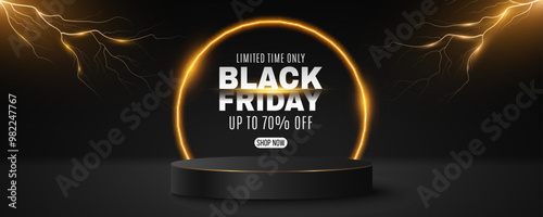 3d stage with thunderstorm background for Black Friday Sale. Podium with lightning effect and glowing neon frame. Pedestal to display your product. Vector illustration. EPS 10.
