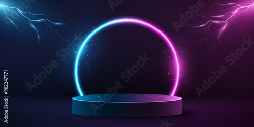 3d stage with thunderstorm background for dynamic show. Glowing podium with lightning effect and neon frame. Pedestal to display your brand product. Vector illustration. EPS 10.