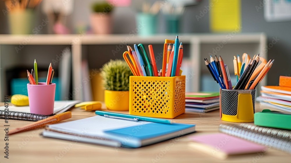 Colorful Pens and Pencils on a Desk with Notebooks Colorful Pens and Pencils on a Desk with Notebooks