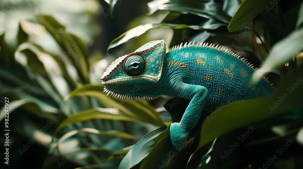 A vibrant chameleon perched among lush green leaves, showcasing its striking colors in a tropical environment. A vibrant chameleon perched among lush green leaves, showcasing its striking colors in a tropical environment.