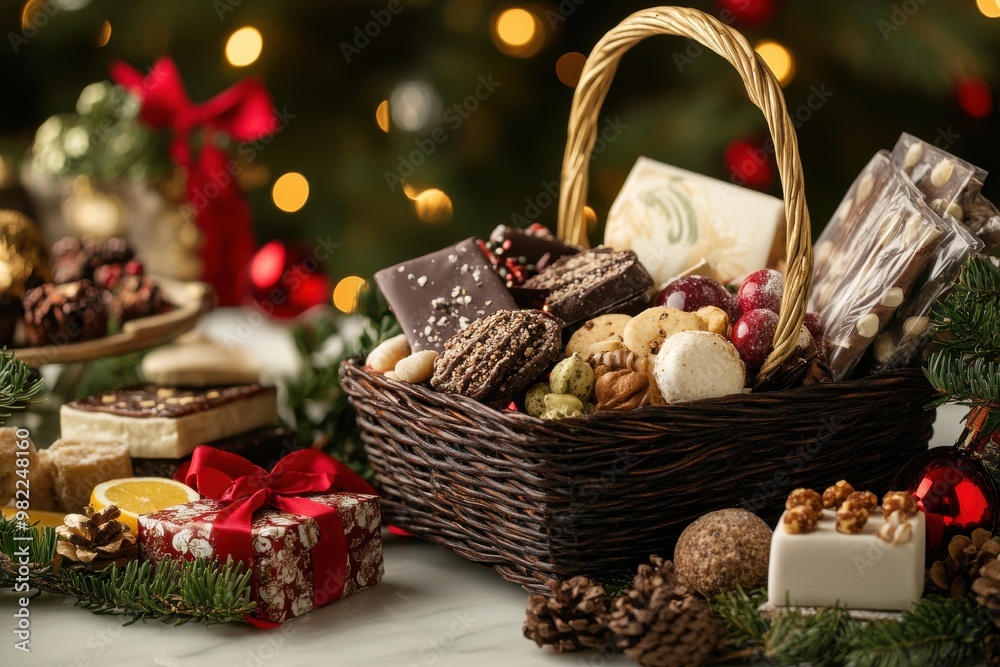 Holiday gift basket with gourmet treats and festive decorations Holiday gift basket with gourmet treats and festive decorations