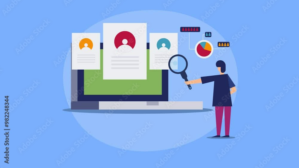 Business analyst inspecting customer profile on laptop screen with magnifier in hand, customer segment video animation concept. Business analyst inspecting customer profile on laptop screen with magnifier in hand, customer segment video animation concept.