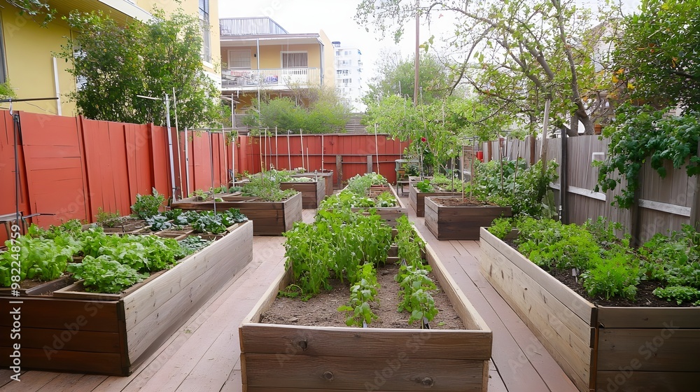 A vibrant garden layout with raised beds, featuring a variety of plants and greenery, perfect for urban gardening enthusiasts. A vibrant garden layout with raised beds, featuring a variety of plants and greenery, perfect for urban gardening enthusiasts.