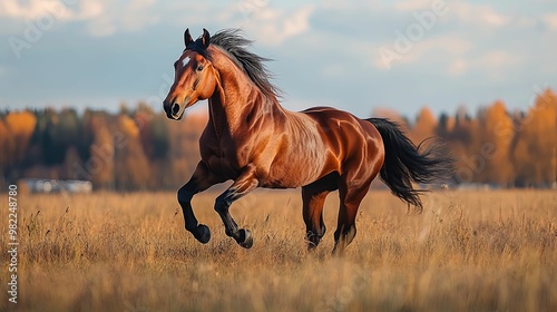 A Bay Horse Running Through a Field of Golden Grass