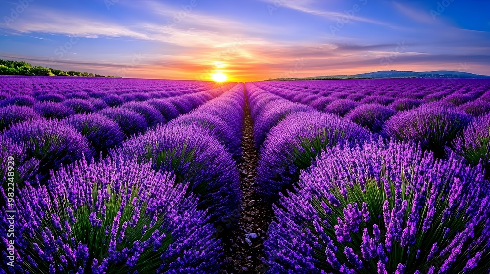 Obraz premium Serene Lavender Field at Sunset with Vibrant Colors
