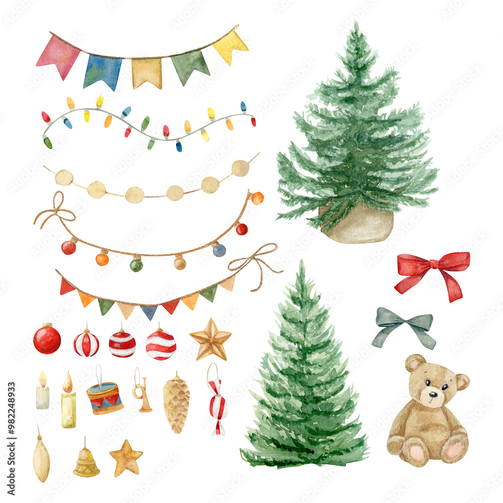 Naklejka premium Watercolor set with different garlands, Christmas trees, toys, bows and teddy bear. Hand drawn. Can be used on fabrics and paper products and other