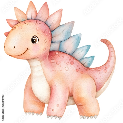 Fototapeta Naklejka Na Ścianę i Meble -  Cute Watercolor Dinosaur Illustration  Pink Dinosaur Clipart  Cartoon Dino Character