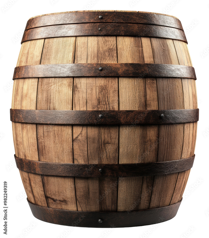 Fototapeta premium PNG Wooden barrel with metal bands in a rustic style