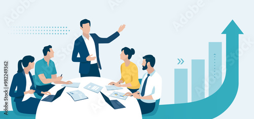 Presentation, plan, vision, strategy . The female leader. Discussing business plan. Vector illustration 