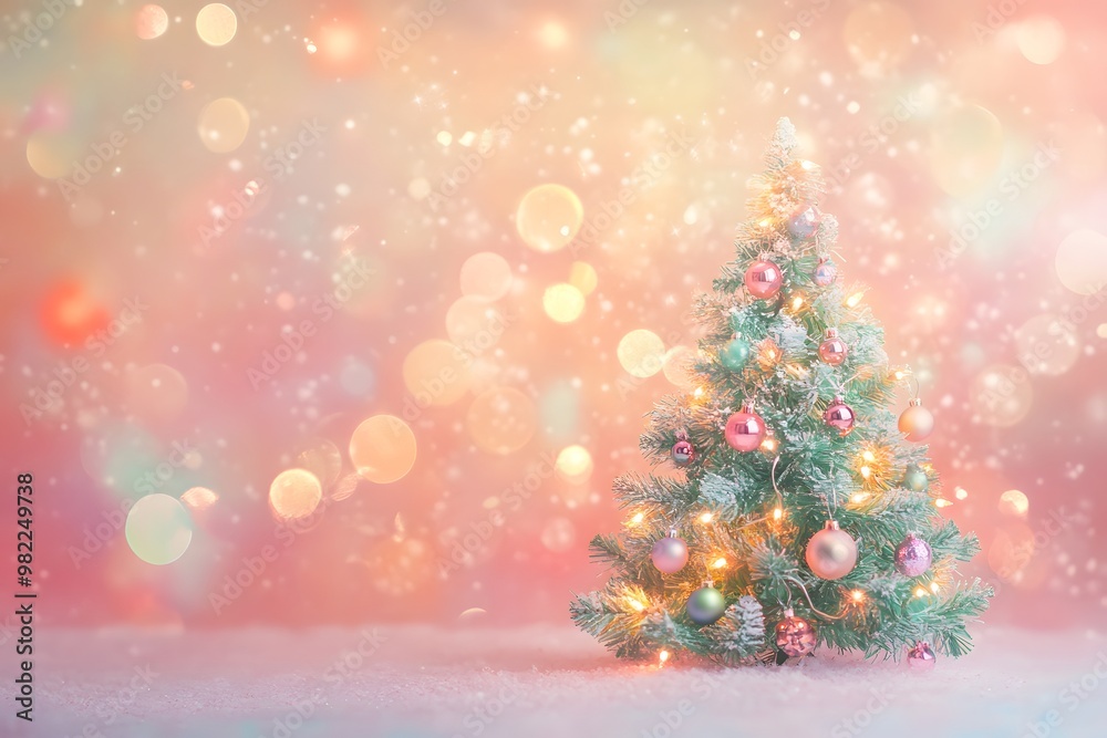 Christmas Tree with Pink and Gold Ornaments in Snowy Scene with Bokeh Lights Christmas Tree with Pink and Gold Ornaments in Snowy Scene with Bokeh Lights