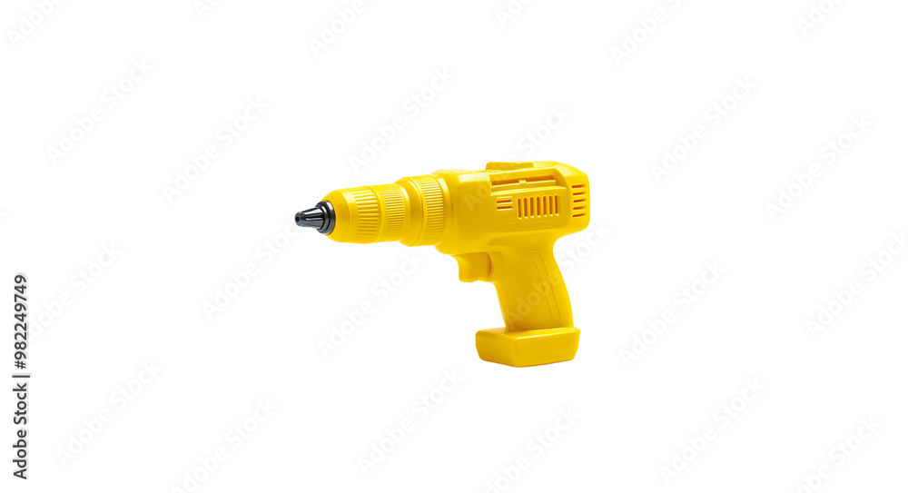 A yellow plastic power drill with a black handle on a white background A yellow plastic power drill with a black handle on a white background