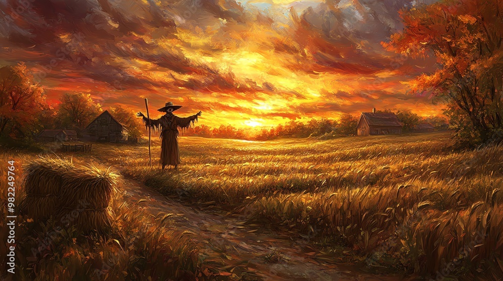 Fototapeta premium A vibrant sunset illuminates a serene countryside, with a scarecrow standing amidst golden fields, capturing autumn's beauty.