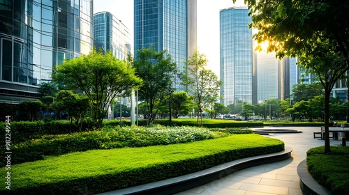 A vibrant urban park with lush greenery surrounded by modern skyscrapers basking in the warm sunlight, perfect for relaxation.