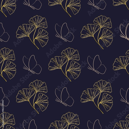 a seamless pattern with gold leaves and butterflies. golden seamless pattern. luxury background.