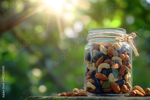 Healthy Trail Mix in Glass Jar with Green Background