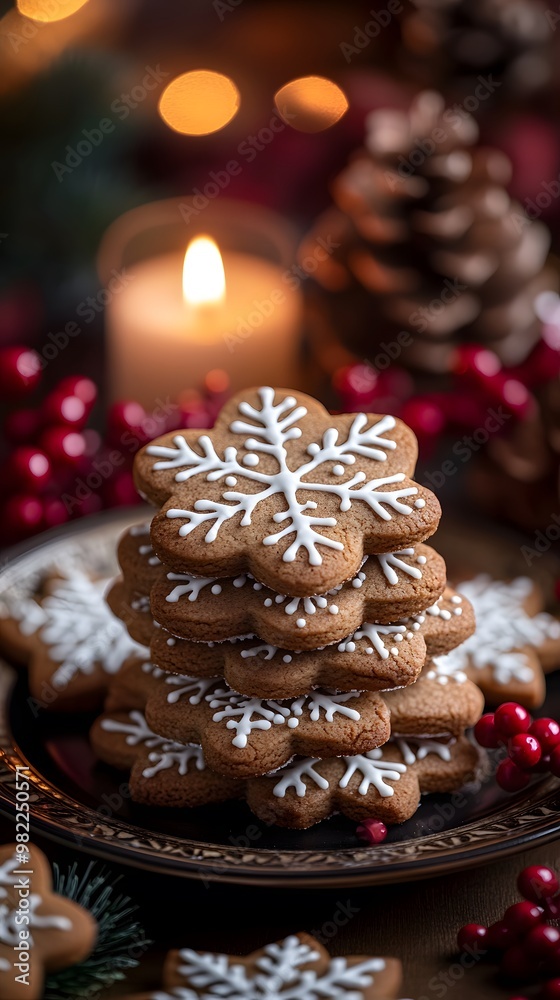 Homemade Gingerbread Cookies Stacked With White Icing Snowflake Decoration for Christmas Homemade Gingerbread Cookies Stacked With White Icing Snowflake Decoration for Christmas