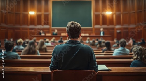 A university lecture hall filled with students, viewed from the back of the room. A male student is in focus, listening to a professor in front of a large blackboard.