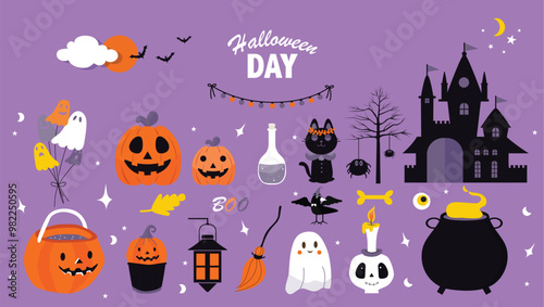 Set of happy halloween greeting card.Characters for Halloween in cartoon costumes style,cute pumpkin,Vector illustrations.