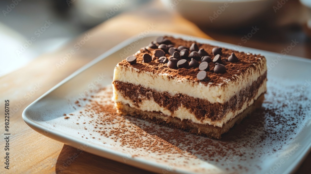 Close-up of Tiramisu slice topped with chocolate chips and cocoa powder, served on an outdoor cafe table, perfect for ads or menus. Close-up of Tiramisu slice topped with chocolate chips and cocoa powder, served on an outdoor cafe table, perfect for ads or menus.