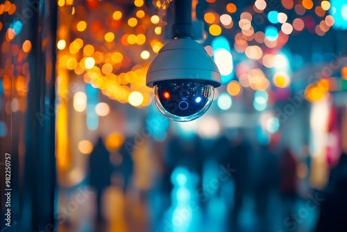 Security Camera with Bokeh Lights in a Crowded Place