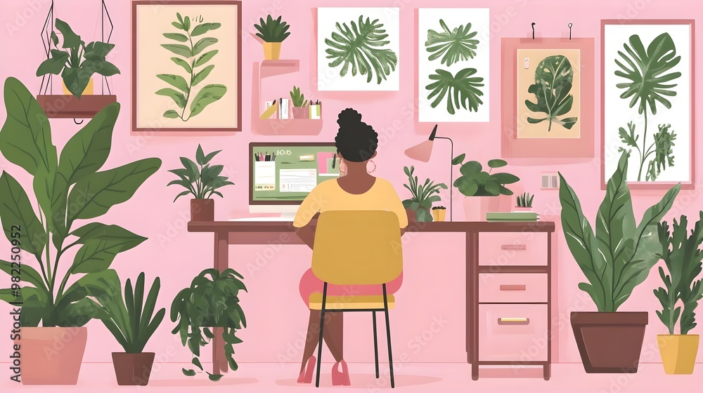 A woman working at a desk surrounded by vibrant indoor plants in a stylish pink setting, perfect for remote work inspiration. A woman working at a desk surrounded by vibrant indoor plants in a stylish pink setting, perfect for remote work inspiration.