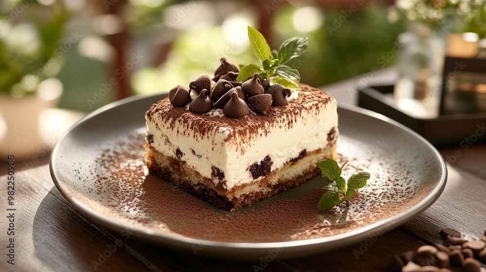 Creamy Tiramisu slice with mascarpone, cocoa, and chocolate chips, set on an outdoor table with a charming cafe vibe, ideal for advertising. Creamy Tiramisu slice with mascarpone, cocoa, and chocolate chips, set on an outdoor table with a charming cafe vibe, ideal for advertising.