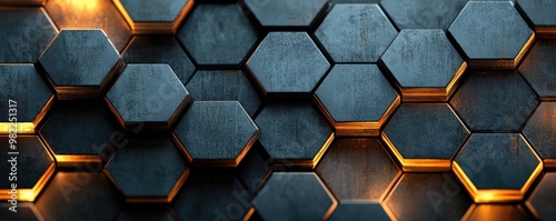 An elegant and modern background design with shades of grey, black, and gold, highlighted by a detailed hexagonal pattern that adds depth and a touch of luxury to the composition. 3d illustration