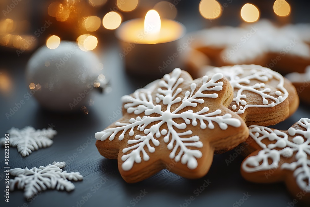 Christmas Gingerbread Cookies with White Icing and Candlelight Christmas Gingerbread Cookies with White Icing and Candlelight