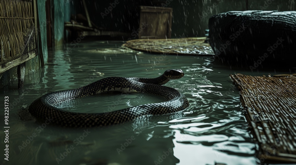 black mamba snake slithering through water in an old bamboo house with ...