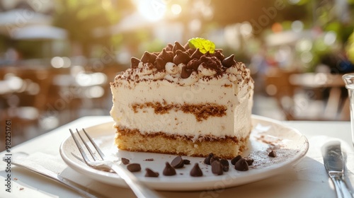 Rich Tiramisu cake slice with mascarpone and chocolate chips, served on an outdoor cafe table, with bright natural light and text space.