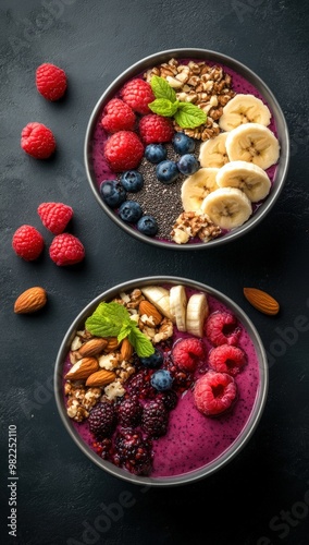 Wallpaper Mural Colorful smoothie bowls topped with berries, banana slices, nuts, and mint leaves, served on a dark background Torontodigital.ca