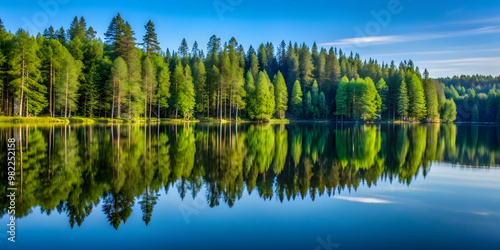 Reflection of tall trees on the calm surface of a tranquil lake , nature, water, symmetry, peaceful, serenity, beauty