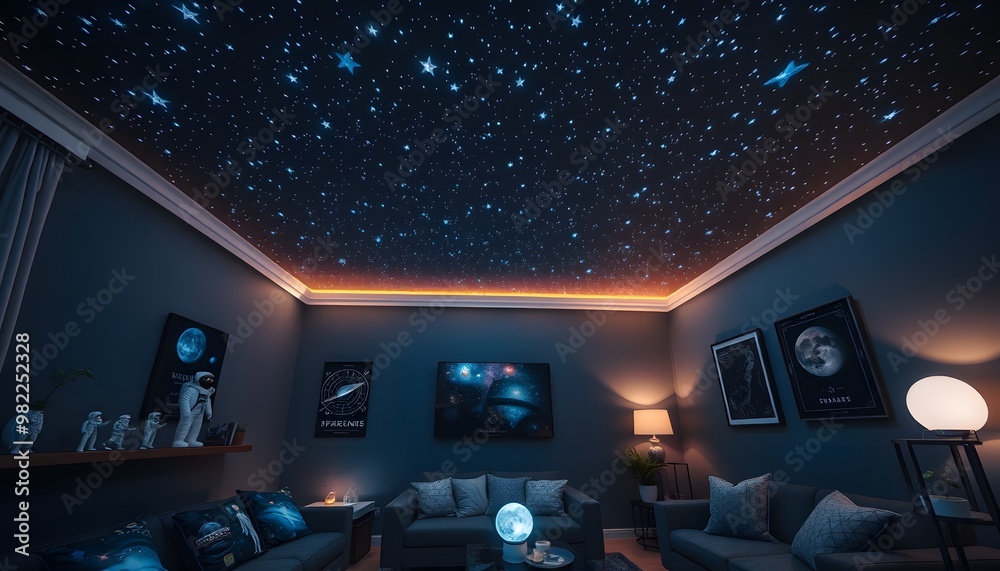 A Living Room with a Starry Ceiling and Space-Themed Decor A Living Room with a Starry Ceiling and Space-Themed Decor
